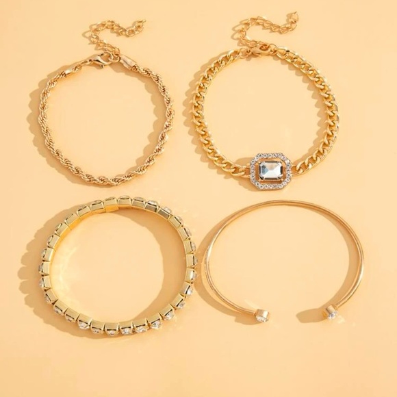NEW Glamorous Gold Plated Rhinestone Bracelets - 4 Pieces - Picture 2 of 5